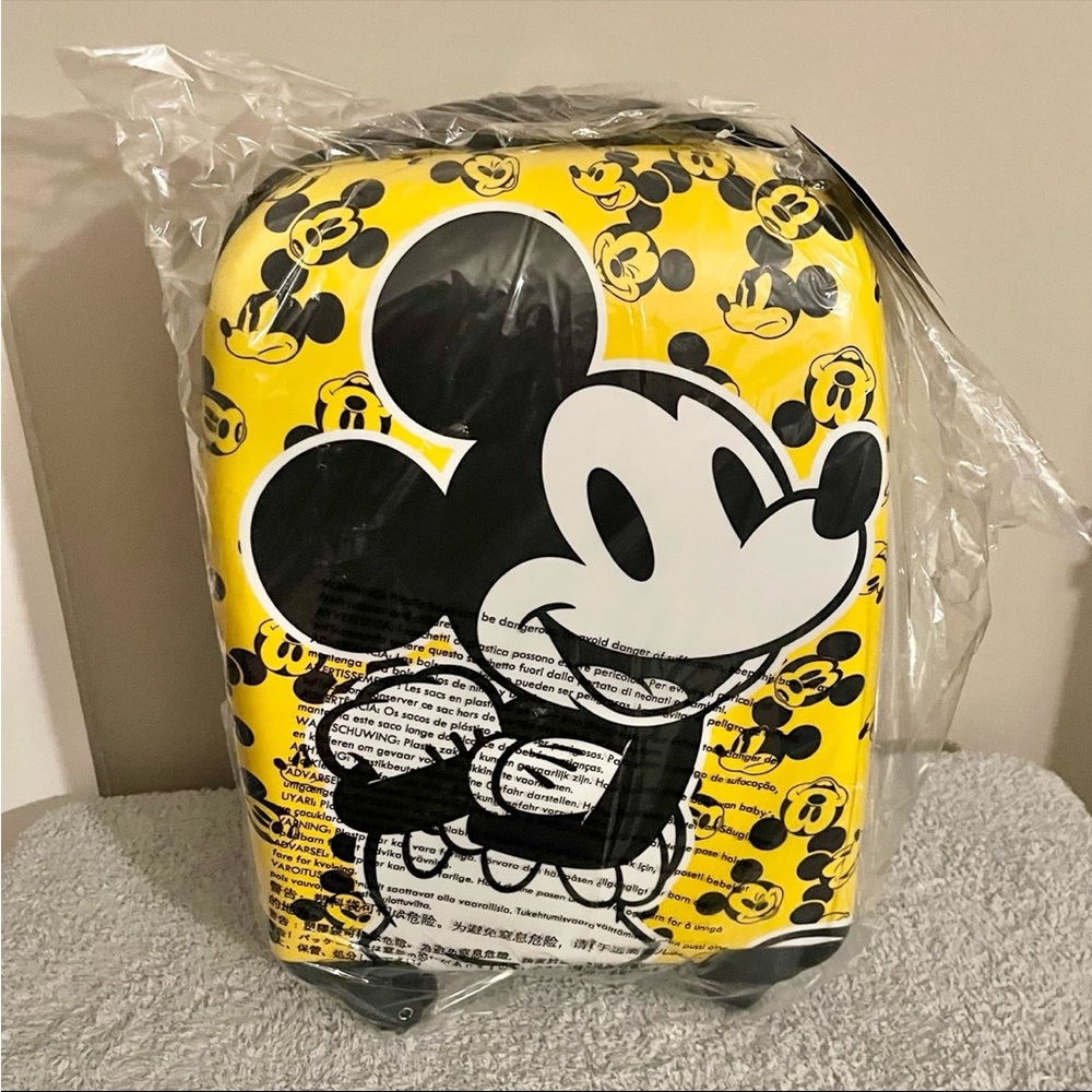 Disney Store Mickey Mouse Allover Print Yellow Rolling Luggage Suitcase NWT